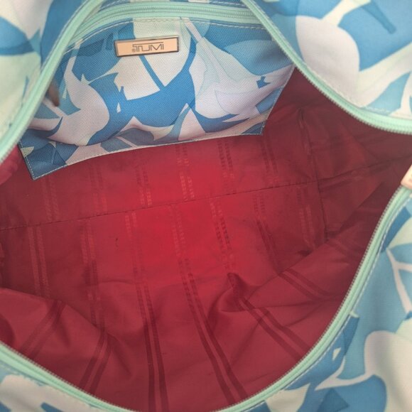 Tumi Womens Open Top Tote Handbag Double Strap, Blue  Leaf Canvas, Leather Trim - Picture 8 of 12